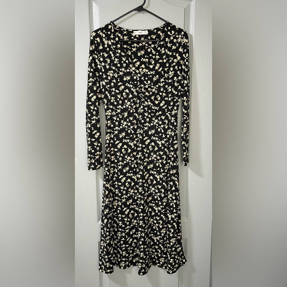 Mango Black Long-Sleeve Floral Midi Dress with Cream Print